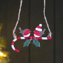 Robins on a Candy Cane Hanging Christmas Decoration