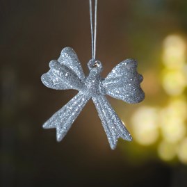 Silver Glitter Glass Bow Hanging Christmas Decoration