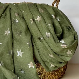 Silver Glitter Stars Scarf in Olive Green Silver Glitter Stars Scarf in Olive Green