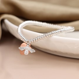 Silver Plate Bead Bracelet with Rose Gold Heart and Bee Silver Plate Bead Bracelet with Rose Gold Heart and Bee