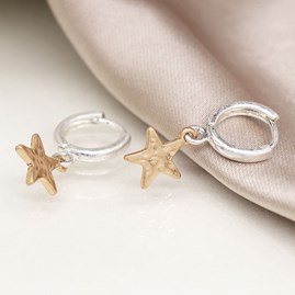 Silver Plate Worn Hoop Earrings with Hammered Stars