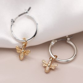 Silver Plated Hoop Earrings with Golden Bee Charm
