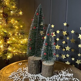 Tall Bristle Tree with Red Bells on Log Decoration Tall Bristle Tree with Red Bells on Log Decoration