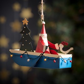 Santa In His Fairy Light Boat Hanging Decoration Santa In His Fairy Light Boat Hanging Decoration