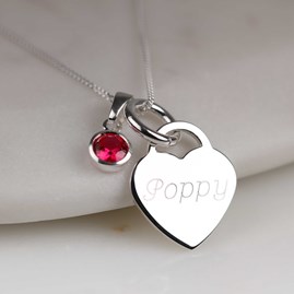 Engraved Silver Heart Necklace With Birthstone Engraved Silver Heart Necklace With Birthstone