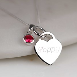 Engraved Silver Heart Necklace With Birthstone