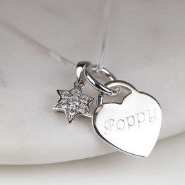 Engraved Silver Heart Necklace With Star Engraved Silver Heart Necklace With Star
