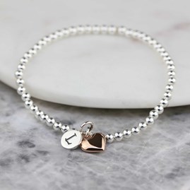 Personalised Skinny Bead Bracelet With Heart Charm Bridal Jewellery Bridesmaid Jewellery Wedding Jewellery Flower Girl Maid of Honour Jewellery