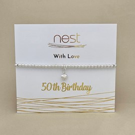 '50th Birthday' Beaded Charm Bracelet Beaded Bracelet Carded Bracelet Sentiment Age Milestone 50 Heart Silver Plated Jewellery