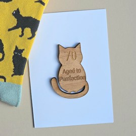 '70 Aged To Purrfection' Cat Token and Birthday Card Wooden Sentiment Token Wooden Keepsake Gift Milestone Gifts 70th Greetings Card Cat Lover Gifts