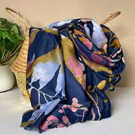 Autumn Leaves Print Scarf in Navy Blue