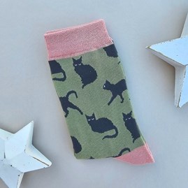 Ladies socks bamboo socks cute cats olive green one size