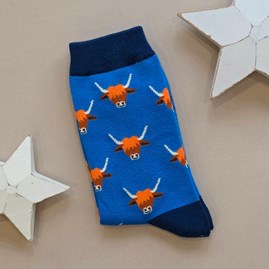 Bamboo Highland Cows Socks in Blue Ladies socks bamboo socks highland cow blue one size