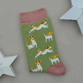 Ladies socks bamboo socks jack russells olive green one size