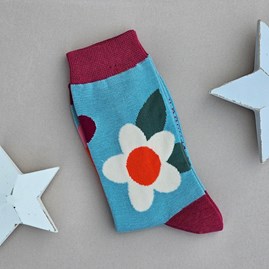 Ladies socks bamboo socks large flowers duck egg one size