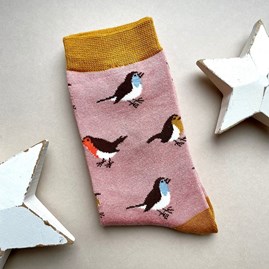 Ladies socks bamboo socks multicolour robins dusky pink one size