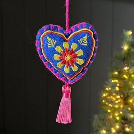 Blue Multicolour Felt Tassel Heart Hanging Decoration Gisela Graham Christmas Decorations Festive Decorations Hanging Felt Heart Decoration