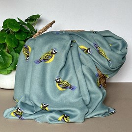Gifts For Women Scarves And Accessories Blue Tit Print Scarf in Duck Egg Blue Vibrant Bird