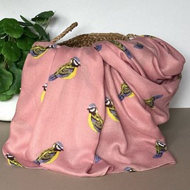 Blue Tit Print Scarf in Dusky Pink Gifts For Women Scarves And Accessories Blue Tit Print Scarf in Dusky Pink Vibrant Bird