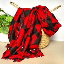 Bold Red Poppy Print Frayed Scarf in Black