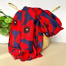 Bold Red Poppy Print Frayed Scarf in Navy Blue