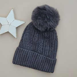 Cable Knit Fleece Lined Pompom Hat in Dark Grey Clothing Accessory Gifts Warm Wool Hats Cable Knit Pom Pom Hat Gifts For Women Gifts for Christmas
