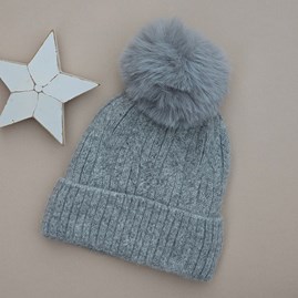 Cable Knit Fleece Lined Pompom Hat in Light Grey Marl Clothing Accessory Gifts Warm Wool Hats Cable Knit Pom Pom Hat Gifts For Women Gifts for Christmas