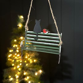 Cat and Robin on Bench Hanging Christmas Decoration Christmas Decorations Festive Decorations Metal Hanging Cat On Green Bench Shoeless Joe