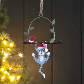 Cat Swinging On Branch Hanging Christmas Decoration Festive Decorations Quirky Novelty Christmas Tree Decoration Metal Hanging Bauble Cat Decoration