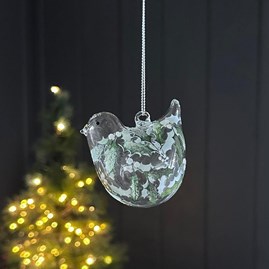 Clear Glass Bird With Holly Hanging Decoration