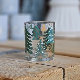 Clear Glass Tea Light Holder With Green Trees Gisela Graham Christmas Table Decorations Festive Gifts Glass Tealight Holders Candle Holders