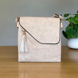 Cross Body Bag With Tassel in Beige Gifts For Women Handbags And Accessory Gifts Cross Body Bags Beige Zip Fold Over With Tassel