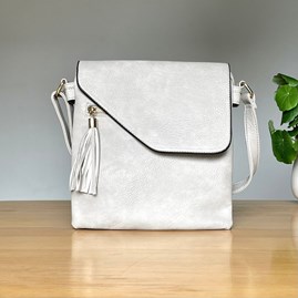 Cross Body Bag With Tassel in Light Grey Gifts For Women Handbags And Accessory Gifts Cross Body Bags Light Grey Zip Fold Over With Tassel
