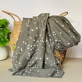 Dark Grey Scarf with Silver Small Moon and Stars Print