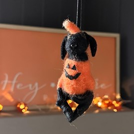 Dog in a Pumpkin Outfit Hanging Halloween Decoration