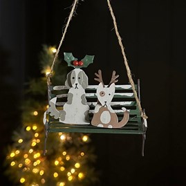 Dogs on a park bench hanging christmas decoration shoeless joe