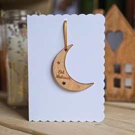 'Eid Mubarak' Moon Hanging Decoration and Card Eid Gifts Eid Mubarak Wooden Sentiment Token Wooden Keepsake Gift Sentiment Gifts Pocket Token Gift