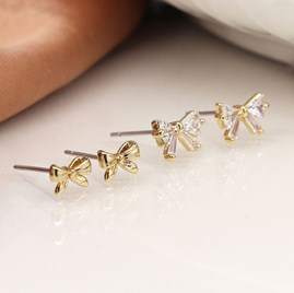 Faux Gold Bows and Crystal Bows Double Stud Earring Set Silver Plated Costume Fashion Jewellery Stud Earrings Bow Design Crystal and Gold