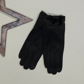 Faux Suede Gloves with Pom Poms in Black