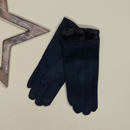 Faux Suede Gloves with Pom Poms in Navy Blue
