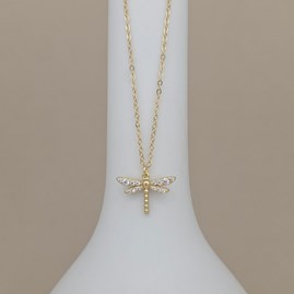 Gold Plated Sterling Silver CZ Stone Jewellery Insect Necklace Sparkly Dragonfly Pendant