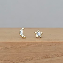 Gold-Plated and CZ Star and Moon Stud Earrings Sterling Silver Gold Plated Moon Star Earrings Studs Jewellery Cubic Zirconia Stone
