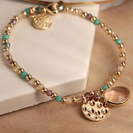 Golden and Aqua Mix Bead Bracelet with Disc and Crystal Golden and Aqua Mix Bead Bracelet with Disc and Crystal