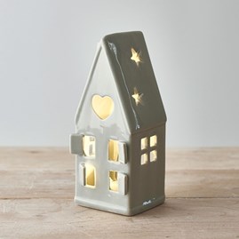Grey Tall House Tea Light Holder with Heart Grey Tall House Tea Light Holder with Heart