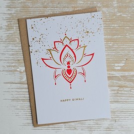 'Happy Diwali' Red And Gold Flower Card Happy Diwali Greeting Card Celebration Cards