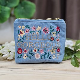 'Hello Gorgeous' Velvet Mini Pouch in Denim Blue Embroidered Velvet Purse Bags Make Up Bags Clutch Bags Mother's Day Gifts Anniversary Gifts