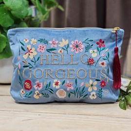 'Hello Gorgeous' Velvet Zip Pouch in Denim Blue Embroidered Velvet Purse Bags Make Up Bags Clutch Bags Mother's Day Gifts Anniversary Gifts