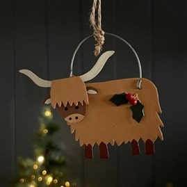 Highland Cow with Holly Hanging Decoration