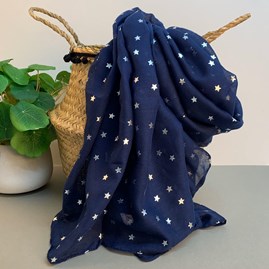 Navy Blue Scarf With Metallic Stars Gifts For Women Scarves And Accessories Navy Blue Scarf With Metallic Stars In Silver