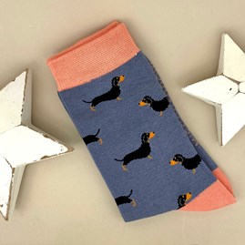 Ladies socks bamboo socks little sausage dogs blue one size